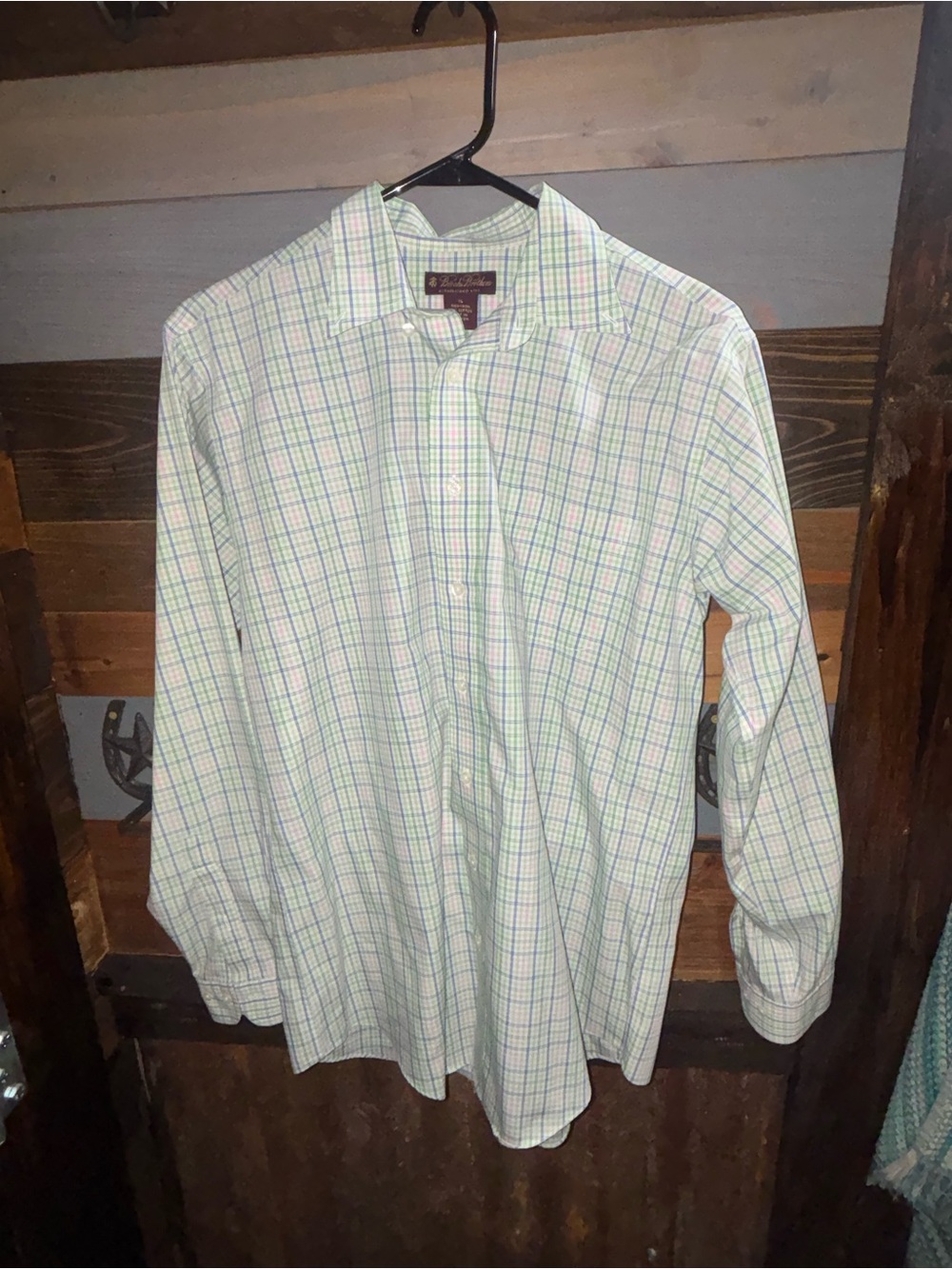 Brooks Brothers White Dress Shirt with Green & Blue Windowpane